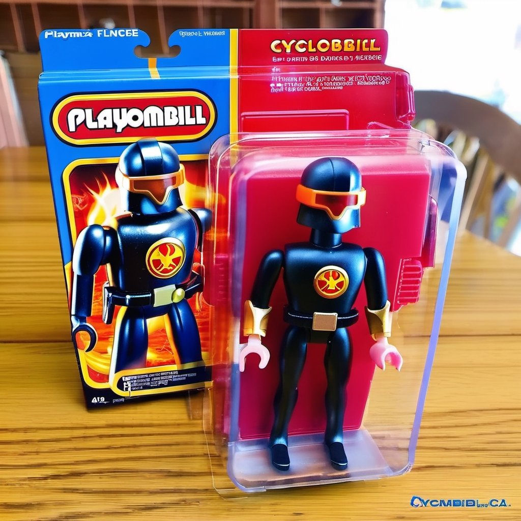 Cyclobil: Combining Phoenix-Force Cyclops with Playmobil, this action-figure beams ruby lasers:0.5 encased in fire-proof playmobil box:0.6 which cannot contain Phoenix fire:0.3, awe_toys,