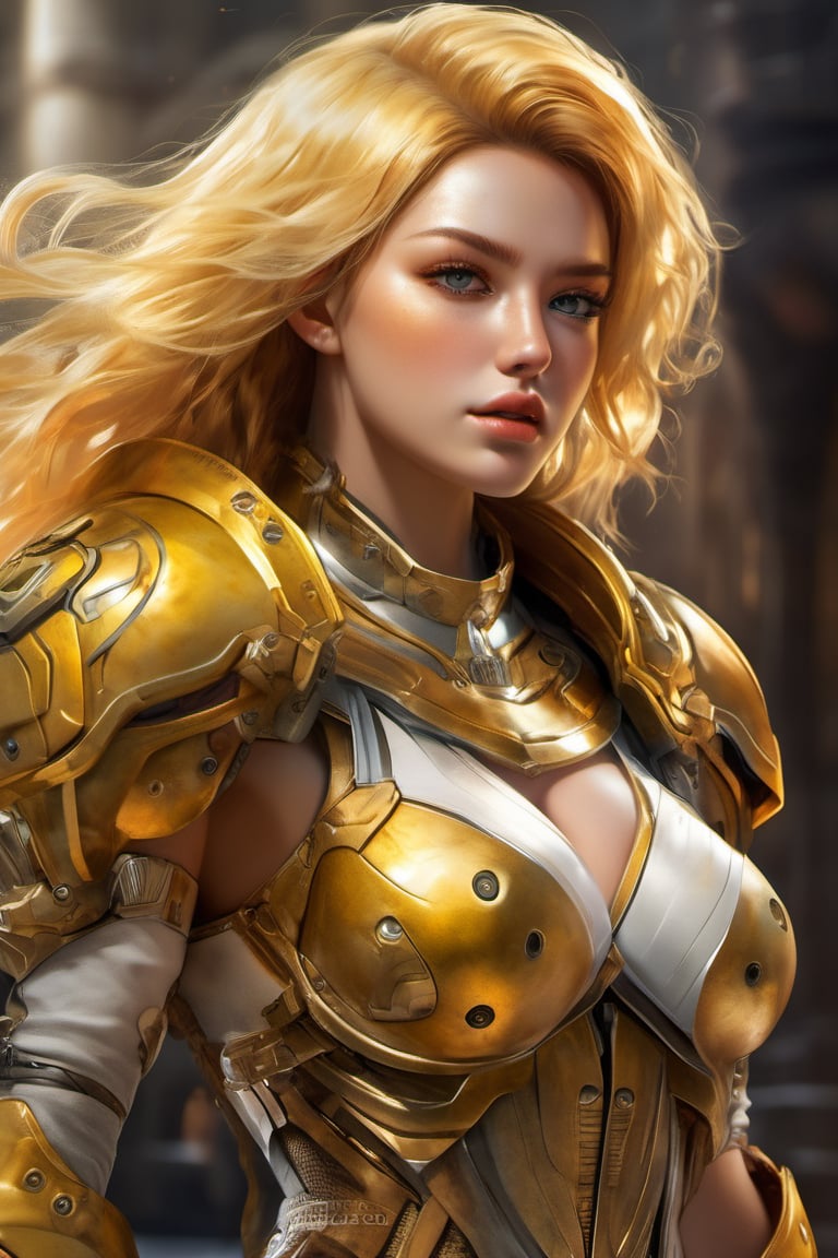 (8k, ultra resolution, ultra quality, ultra-precise details, ultra clear details, ultra face quality, ultra quality eyes,detailed eyes, detailed mouth, ultra-quality machine, full body photo, whole body) (Mechanic World, bright) (Female, angel, in their 20s, beautiful, gorgeous, curvy, fit, army, royal, golden, cyborg, golden armor, shiny, yellow hair, aggressive, angry, battle)