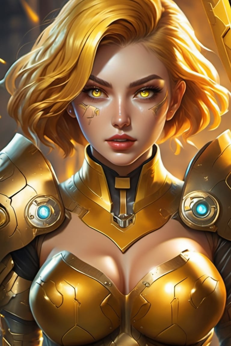 (8k, ultra resolution, ultra quality, ultra-precise details, ultra clear details, ultra face quality, ultra quality eyes,ultra-quality machine, full body photo, whole body) (Mechanic World, bright) (Female, in their 20s, beautiful, gorgeous, glowing yellow eyes, curvy, fit, army, royal, golden, cyborg, golden armor, shiny, short yellow hair, aggressive, belligerent, angry, battle)