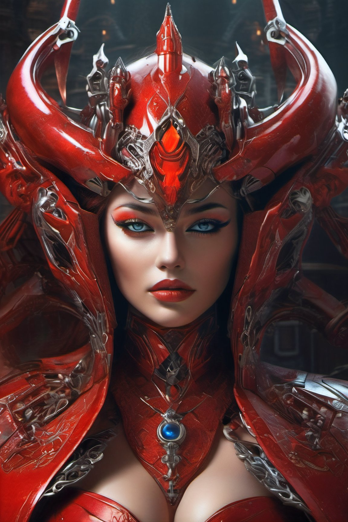 Create an astonishingly realistic and ultra-high-resolution depiction of a royal demon queen in the midst of a mechanic world. The image should exude an aura of both regal elegance and sinister power, transporting the viewer to a realm where technology meets the supernatural.

The details must be ultra-precise and impeccably clear, capturing the essence of every element. Her face, a masterpiece of ultra-quality craftsmanship, embodies her dual nature. The intricate patterns of her red mechanic majestic crown should shine forth, an emblem of her dominion over both demons and machines. Her big, glowing red eye balls should possess an otherworldly intensity, hinting at the formidable power she wields.

Render her body in exquisite ultra resolution, showcasing the fusion of her demon heritage and cybernetic enhancements. Clad in a sophisticated red armor adorned with intricate mechanical motifs, she wears a flowing cloak that adds an air of mystique to her presence. Her form is a testament to her beauty and strength, with curves that emphasize both her allure and her physical prowess.

Her red skin and hair, each strand meticulously detailed, evoke a sense of otherworldly grandeur. Metal claws extend from her fingers, their textures reflecting both elegance and lethality. Hints of dried blood on her face and body hint at her unyielding thirst for power and dominance.

Her short hair frames her face with a touch of defiance, and her evil eyes burn with a furious intensity. She wears an expression of controlled anger, a reflection of her bloodthirsty nature and unwavering determination.

The backdrop should convey the mechanic world's brilliance, with bright lights and intricate machinery creating an atmosphere of awe and wonder. Yet, there should also be an underlying sense of darkness, hinting at the queen's malevolent influence.

This portrait transcends mere imagery; it's a testament to the interplay between darkness and splendor, dominance and allure. The combination of her demon heritage and technological prowess should be executed with unparalleled creativity, leaving viewers captivated by her commanding presence, xxmix_girl