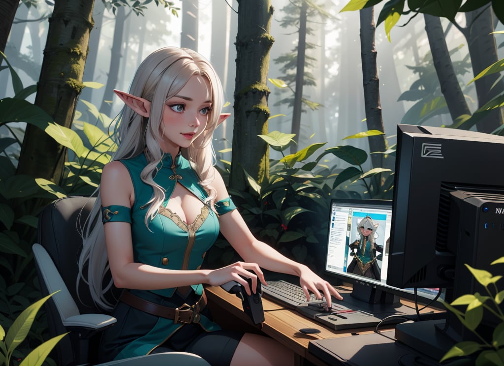 A beautiful elf enthusiastically using a gaming computer in the depths of the forest