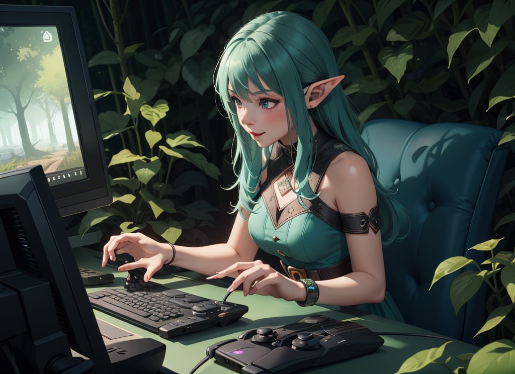 A beautiful elf enthusiastically using a gaming computer in the depths of the forest