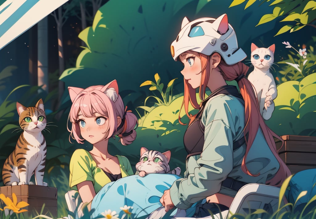 A family of cat ears wearing helmets