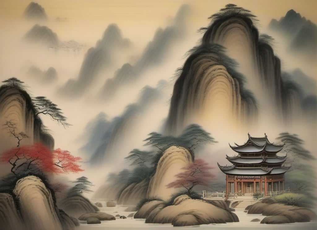 A temple in a deep valley, an old Chinese landscape painting