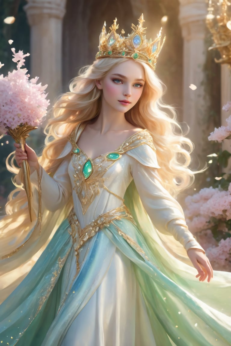 ((A beautiful and ethereal princess with flowing golden hair, adorned in a regal gown made of shimmering fabric that cascades to the floor. Her skin is porcelain-white, radiating an otherworldly glow. She is surrounded by a soft halo of delicate pastel-colored flowers that seem to dance in the air around her. The princess holds a majestic scepter in her hand, embedded with rare gemstones that sparkle with every movement. Her eyes reflect wisdom and compassion, while her gentle smile exudes grace and elegance.)) She has green eyes, she wears a crown on her head,
