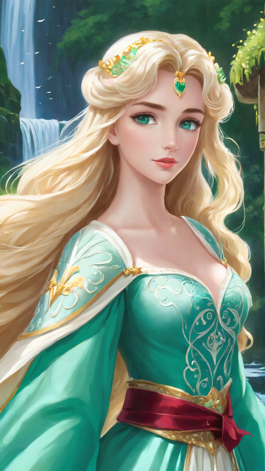 ((best quality)), ((masterpiece)), ((best illustration)), ((anime artwork)), Odette from the swan princess, long cascading blonde hair, long hair, curly hair, detailed green eyes, bright green eyes, Wearing alluring medieval-styled dress, flowing white dress with teal puffed sleeves and teal belt, dress enhanced by intricate details, wearing gold heart-shaped locket, Alluring, sweet, on eye level, scenic, masterpiece, 1 girl, hyperdetailed face, full lips, background is stone bridge and waterfall