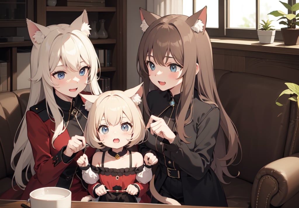 A family of cat ears wearing helmets