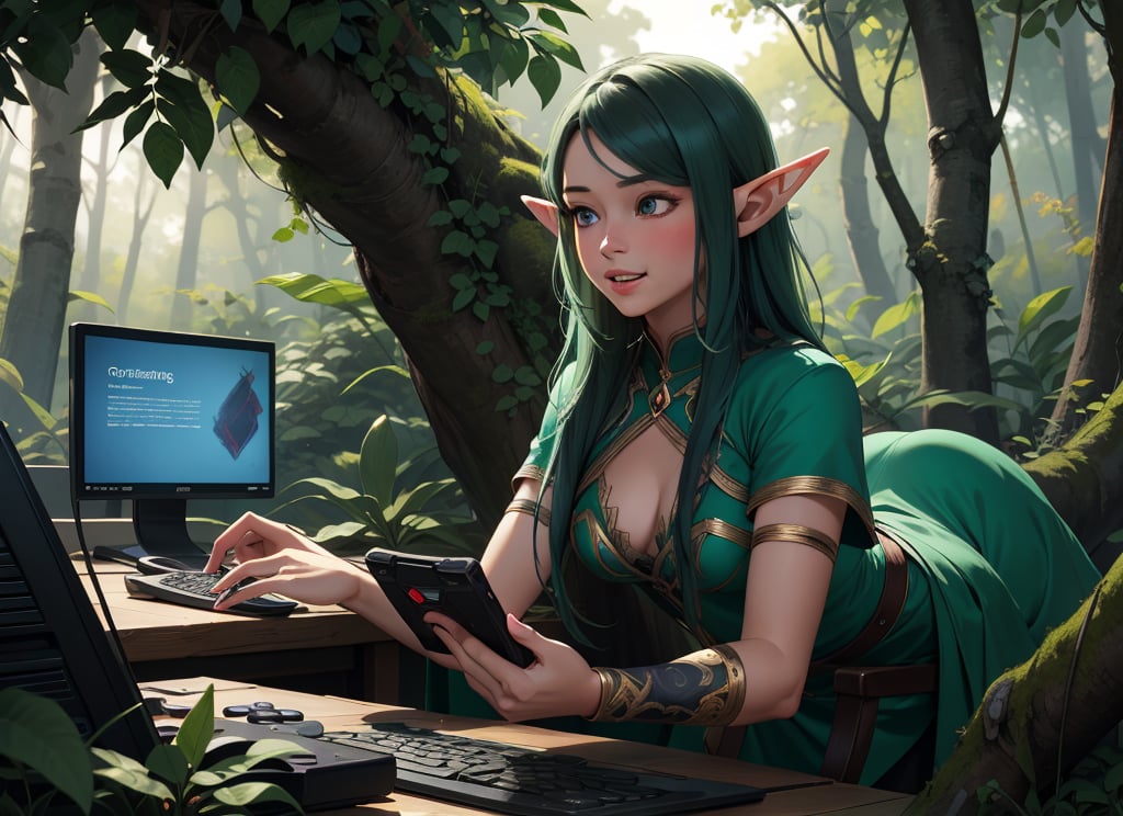 A beautiful elf enthusiastically using a gaming computer in the depths of the forest