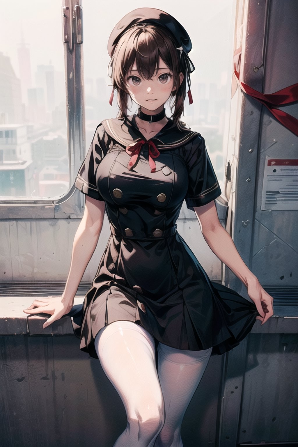 (black sundress:1.5), (black sailor collar:1.4), ((short sleeve, bishop-sleeve):1.3), (black beret with white ribbon:1.4), (red tie:1.3), (double-breasted on (dress, skirt):1.3), ((red ribbon, white large-button):1.3), (red line on dress:1.2), ((dark-brown pantyhose, loafers):1.2),