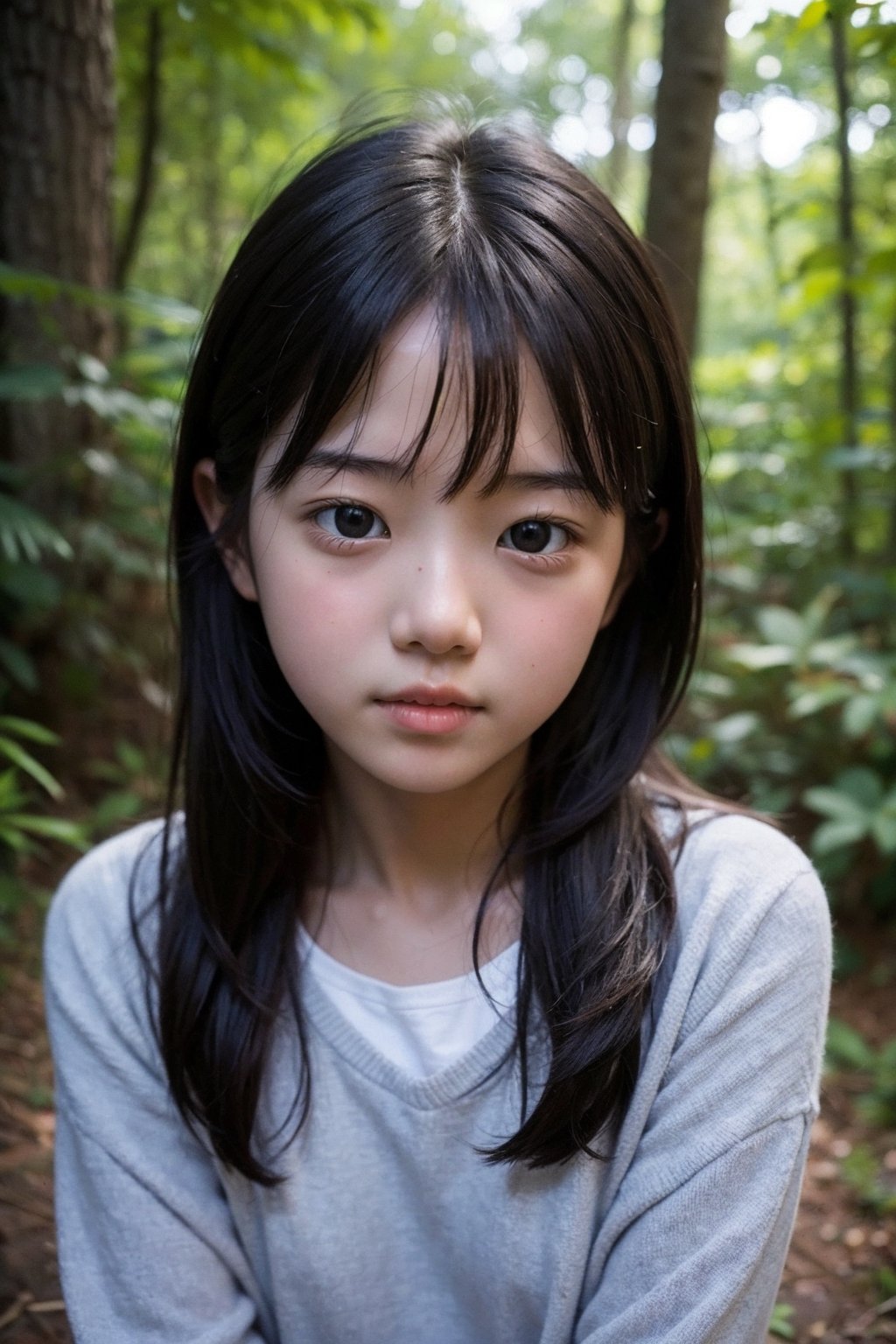 (((deep in the woods))),(looking at the audience),
(((Only the face enters the camera))), 
人：1 korean young girl,(young girl of elementary school age),Pure and restrained young girl,A young girl of primary school age,(a very beautiful and innocent young girl),(10 years old),
優：High resolution, realistic and delicate high texture,Warm and realistic delicate texture,
體：The body of a reasonable young girl,()child's body:1.3),
髮：(bangs),long hair,