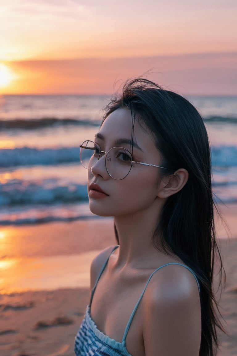 xxmix_girl 1 girl, beach sunset detailed, (lofi, analog, motion blur ) by Brandon Woelfel,xxmix_girl,LinkGirl,xxmixgirl,3d style