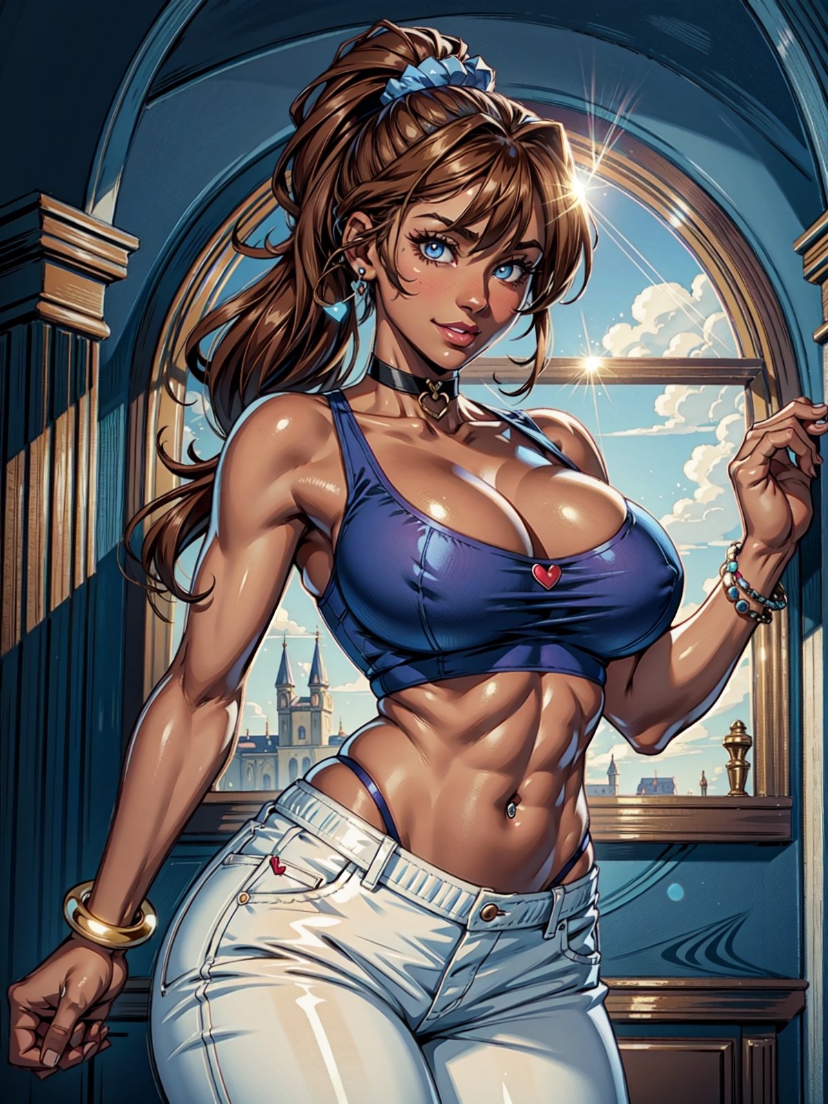 Extremely absurdres,  8k,  4k,  masterpiece,  Best Quality,  extremely detailed,  intricate,  hyper detailed,  perfect face,  illustration,  cel shading,  best quality,  (skindentation:0.95,  muscular:0.8,  abs:0.8),  low key,  (1 girl:1.2, dark skin),  (solo:1.2,  sexy,  cowboy shot),  (cute,  standing),  collar,  (huge_breasts:1.2,  fake breasts),  thick thighs,  large ass,  thick eyelashes,  long eyelashes,  ( blue embroidered tanktop + white trousers + straps + navel piercing + hearts,  brown hair, tall ponytail,  long bangs),  choker,  bracelets,  (blue eyes, glowing eyes, glossy skin),  smile,  gentle,  looking at viewer,  (castle, tall columns, tapestries, lens flare)