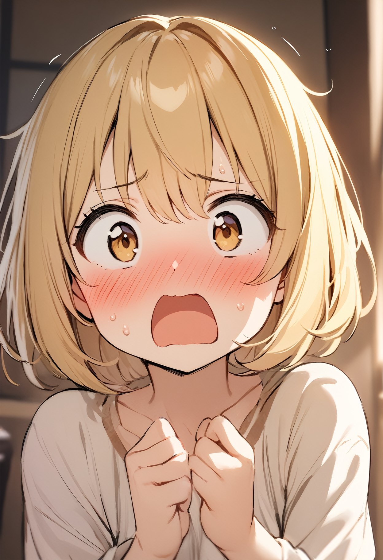 masterpiece, best quality, 1 girl, cute, golden blonde hair, medium length, bob cut, surprised, blush, open mouth, embarrassed,  flustered, cute, tsundere, closeup
