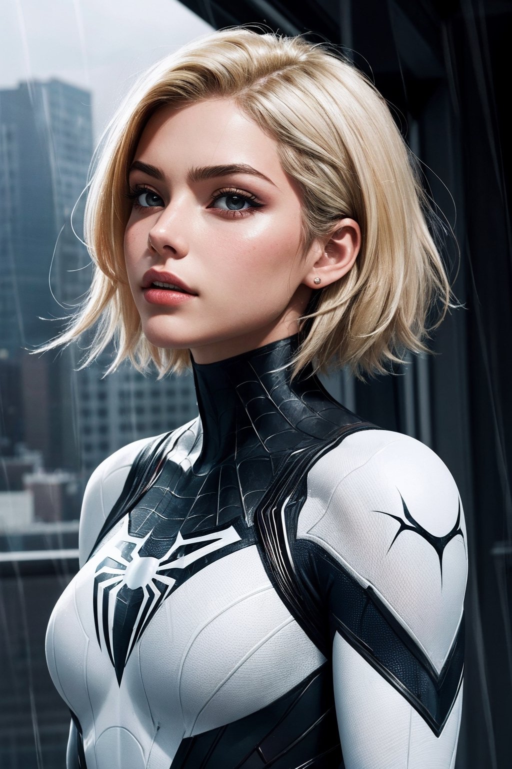 18 yo girl, white spider man suit, short blunt hair, blonde, beautiful face, rain, roof, masterpiece, intricate detail, perfect anatomy
