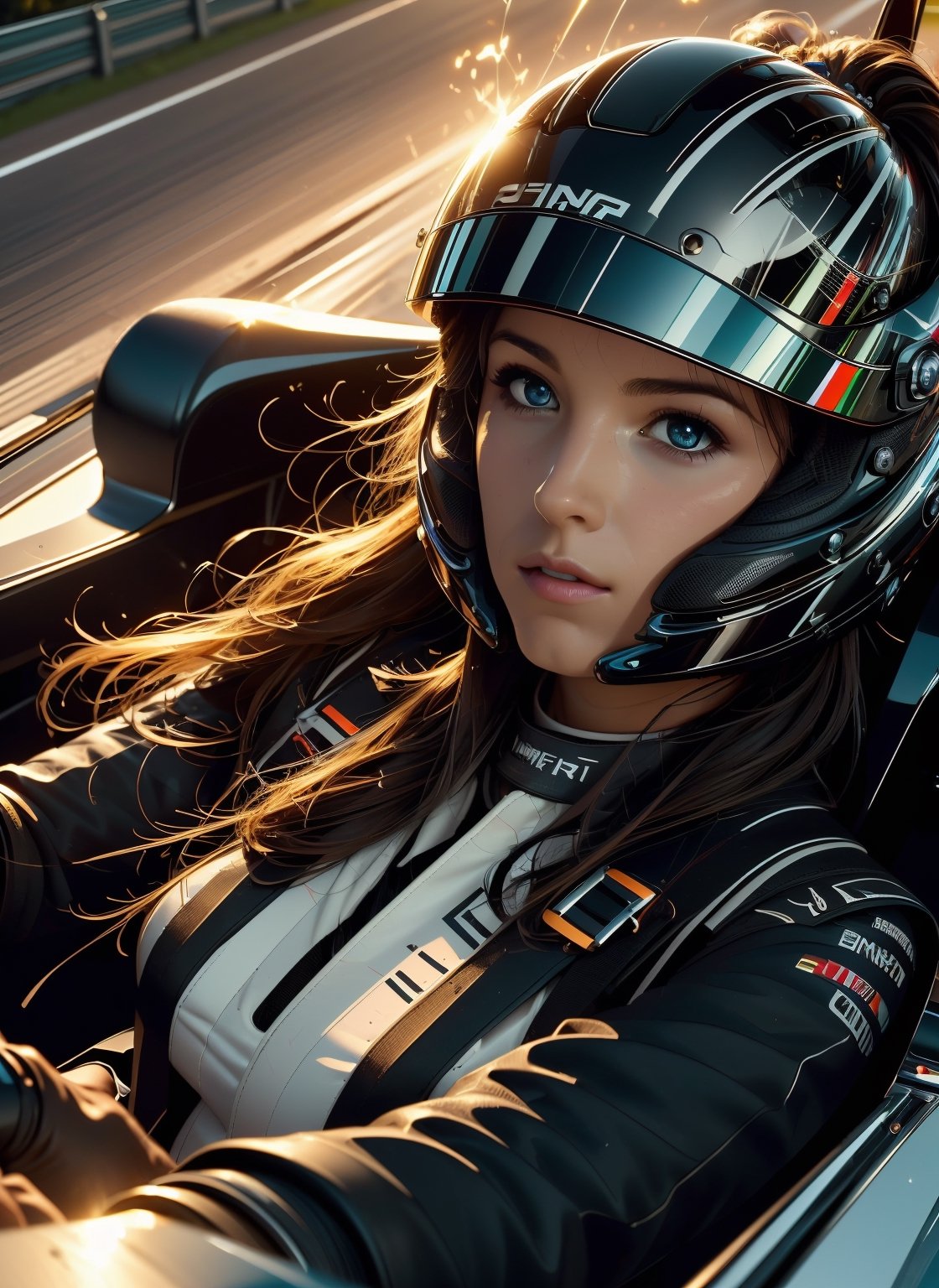 (((masterpiece))), (((best quality))), (((driving a formula racing))), ((fingers on steering wheel)), sitting on driver's seat, sharp eyes, ((helmet)), ((black uniform)), (((speed lines))), ((electricity)), ((spiral wind)), solo, 1girl, big tits, ponytail, sweat, slim figure, lora:girllikeformularacing:1
