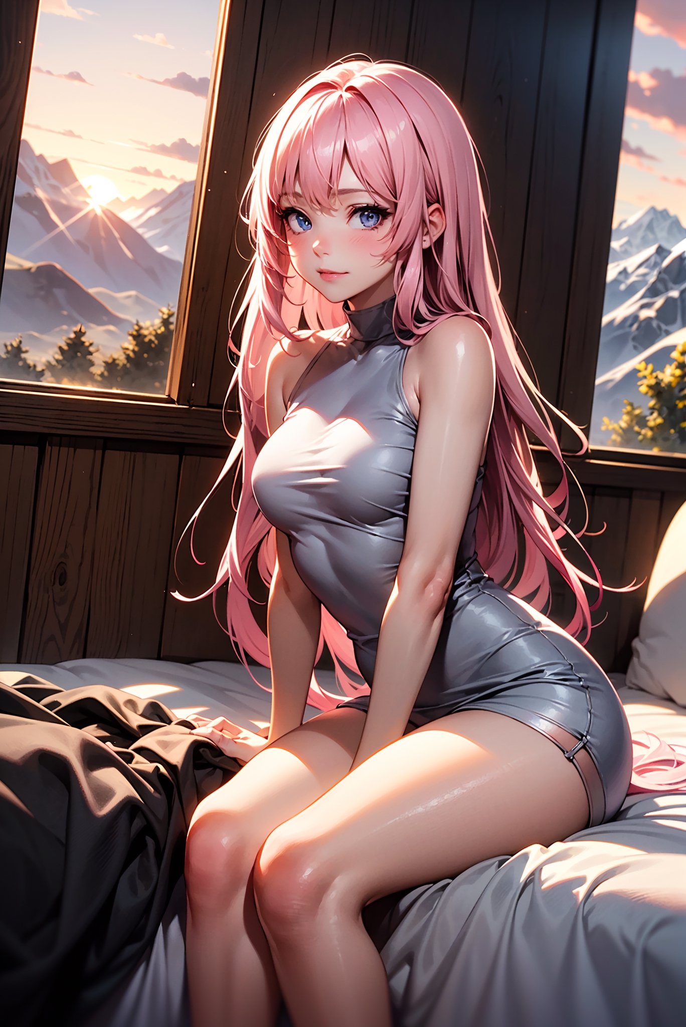 two girls, closed together, (masterpiece, best quality, unity 8k wallpaper, highres), ambient light, (super_beautiful_detailed hair face eyes mouth skin, slender:1.4), (perfect hands, perfect anatomy), BREAK
 1girl, solo, (pink long hair:1.3), vely-long-sagging small-breasts, horizon, sweater, cloud, cloudy sky, evening, mountain, mountainous horizon, sky, sunset, window, in bedroom, on bed, (cowboy shot:1.3), light smile, looking at viewer, blink, sitting