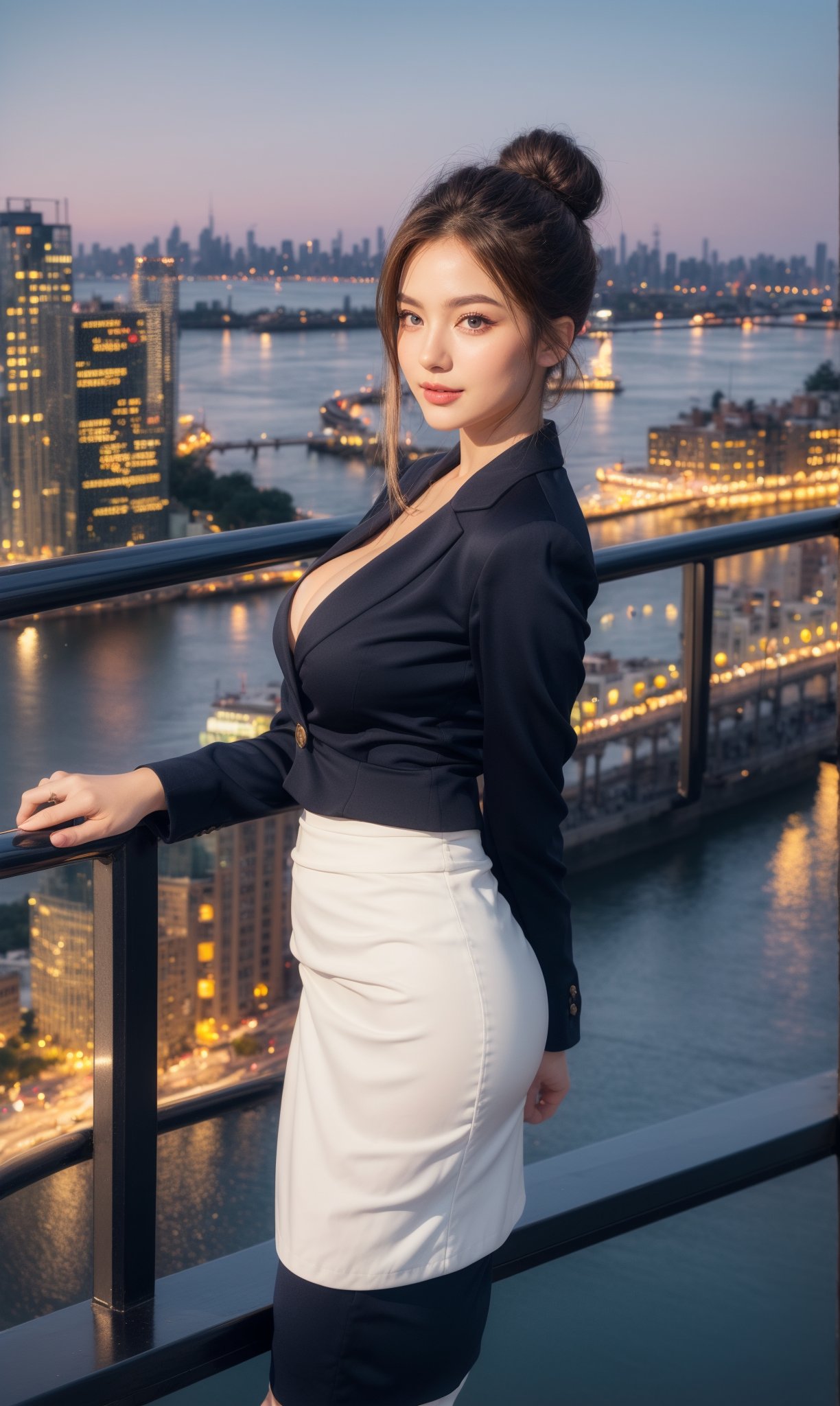 1girl, alluring, revealing, large breasts, hourglass figure, (soft smile:1.2), blonde, hair up in bun, (corporate executive:1.3), (navy blazer:1.2), (pencil skirt:1.1), (silk blouse:1.1), detailed background, balcony, city life, (water front, river:1.2), bridge, night time, modern city skyline, (facing forward:1.2), (panorama:1.3), skyscrapers, glass buildings, bustling city, (looking at viewer:1.4), standing, (arms behind back:1.3), (cleavage:1.3)