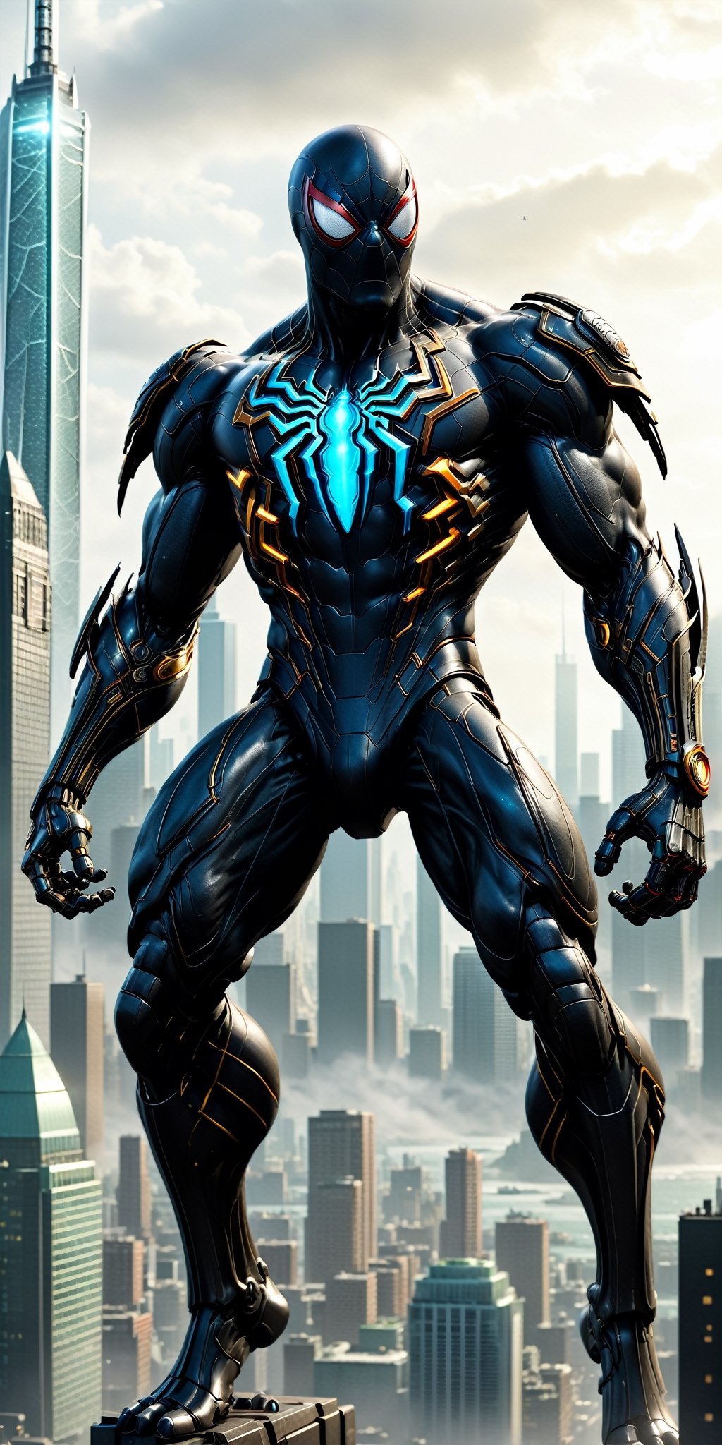 a hyper-realistic and highly detailed image of a Hi-Tech (black spider-man style) Jaeger in the style of the Pacific Rim movie franchise. This awe-inspiring Jaeger should have a radiant Hi-Tech appearance, with less emphasis on Hi-Tech tools and weapons, allowing its rough body structure to shine through. The Jaeger's glowing lights should emanate a mesmerizing aura.

Place this magnificent Hi-Tech Jaeger against a perfect city backdrop, capturing the essence of a colossal technological guardian standing tall against the urban skyline. The result should be a breathtaking image that immerses viewers in the world of giant robots and epic battles.",Movie Still