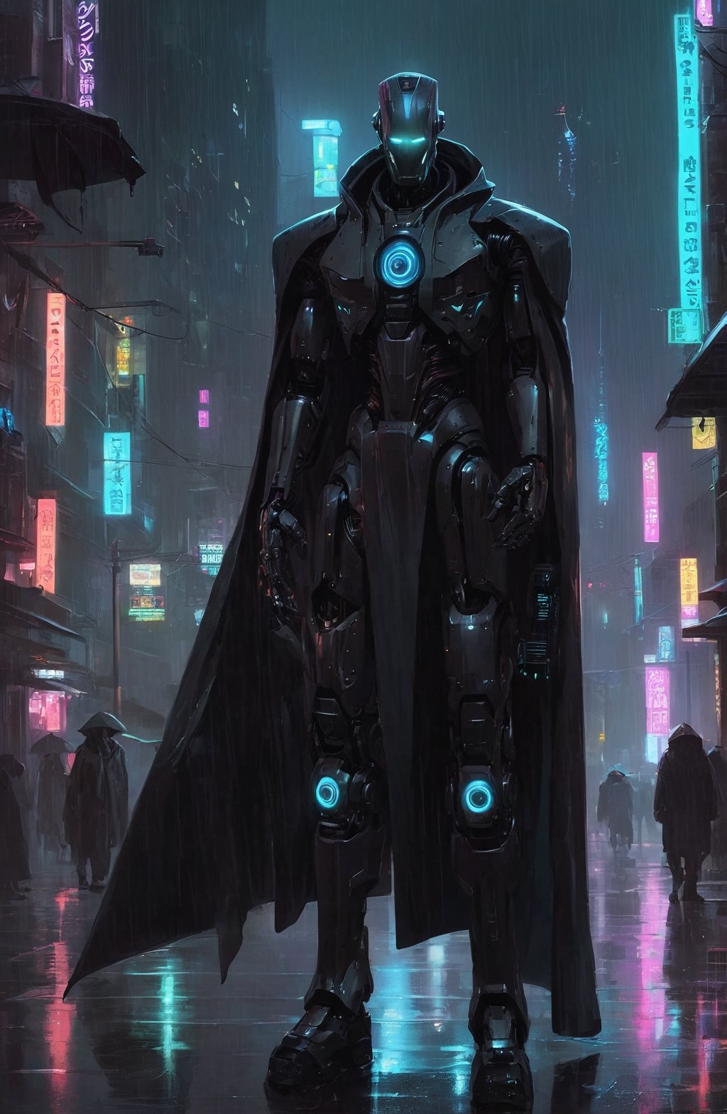 concept art matte paintingin the rainy streets of a cyberpunk city at night domination of a tall dark robot wind sorcerer with glowing eyes and a cape Artstation,Greg Rutkowski
