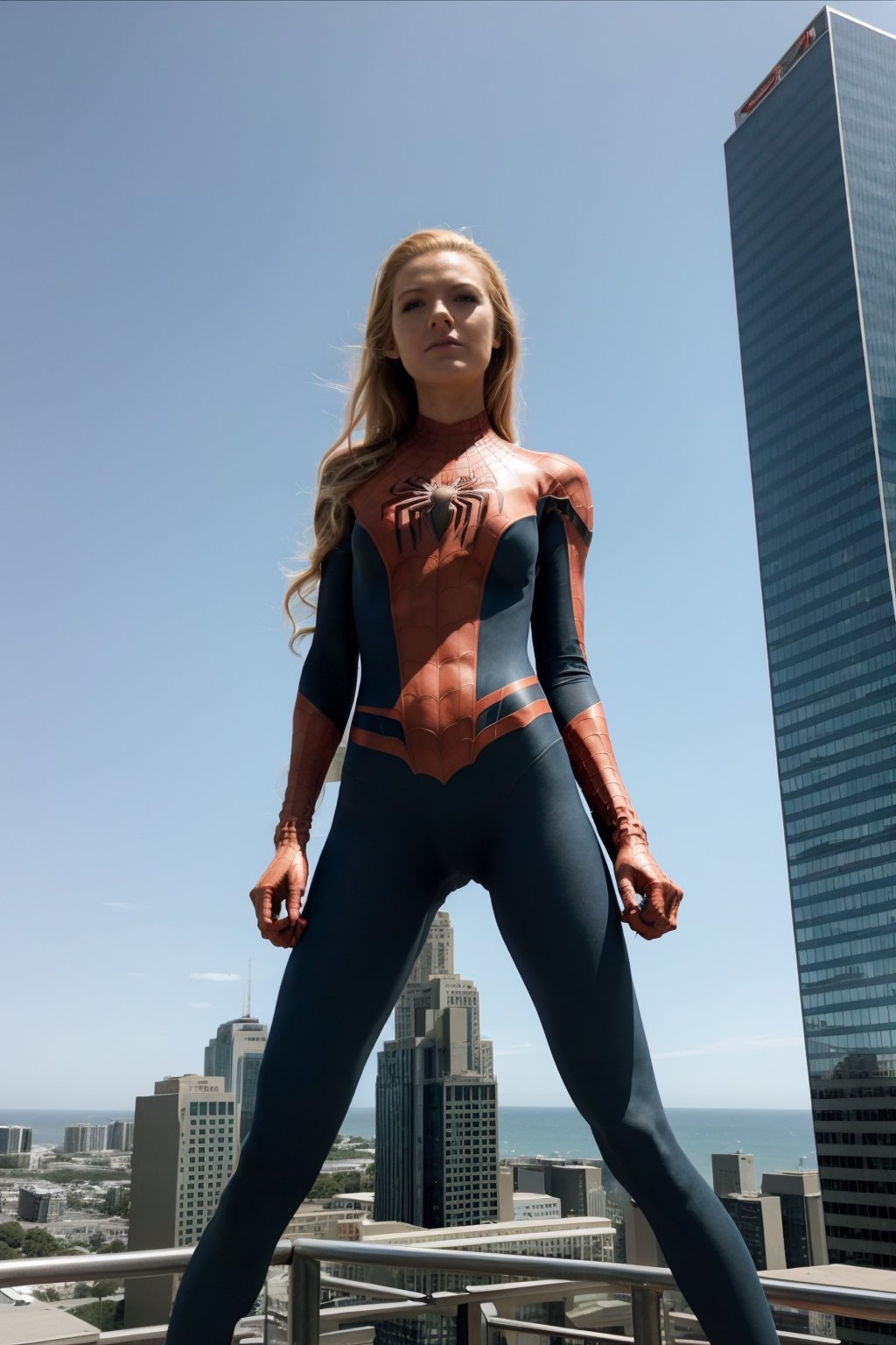 Photo of a slender female Spiderwoman perched high atop a building, viewed from above, with an intricate background.
looking to the viewer, blonde hair, 
,spider-man costume