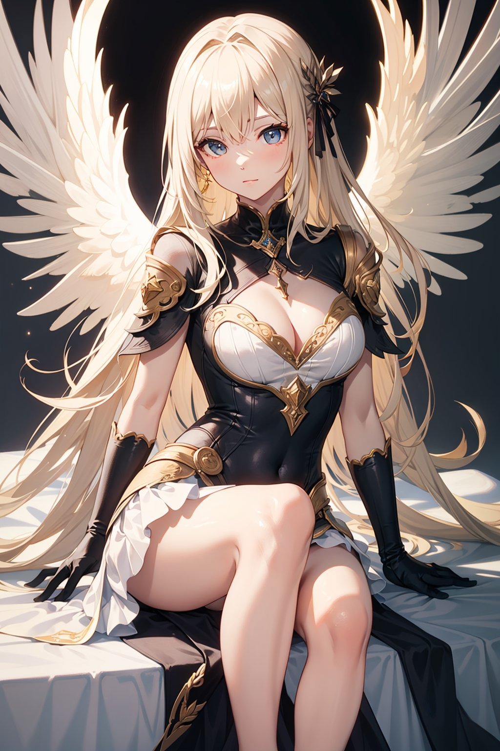  yinyangstyle, facing viewer,   malice_(riviera), blonde_hair, long_hair, cape, dress, angel_wings, gloves,, ultra detailed, masterpiece, best quality, aesthetic, detailed,
