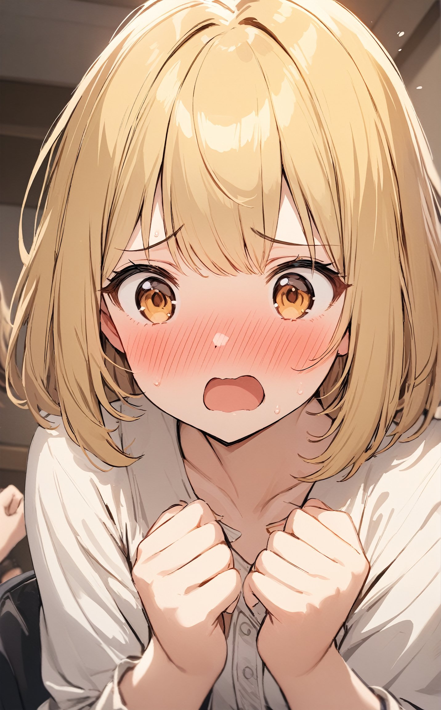 masterpiece, best quality, 1 girl, cute, golden blonde hair, medium length, bob cut, surprised, blush, open mouth, embarrassed,  flustered, cute, tsundere, closeup
