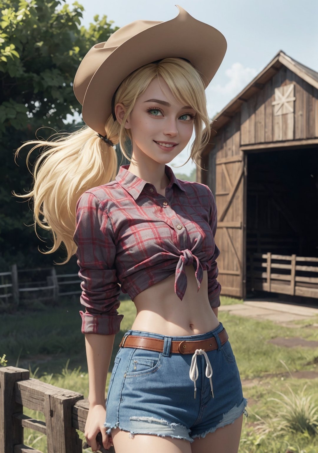 mlpapplejack, blonde ponytail hair, green eyes, cowboy hat,tied red flannel shirt, midriff, daisy duke shorts, belt, looking at viewer, seductive smile, 
outside, standing, farm, barn, romantic ambiance, extremely detailed, HDR, beautiful quality, bounce lighting, lora:mlp_applejack:.8
