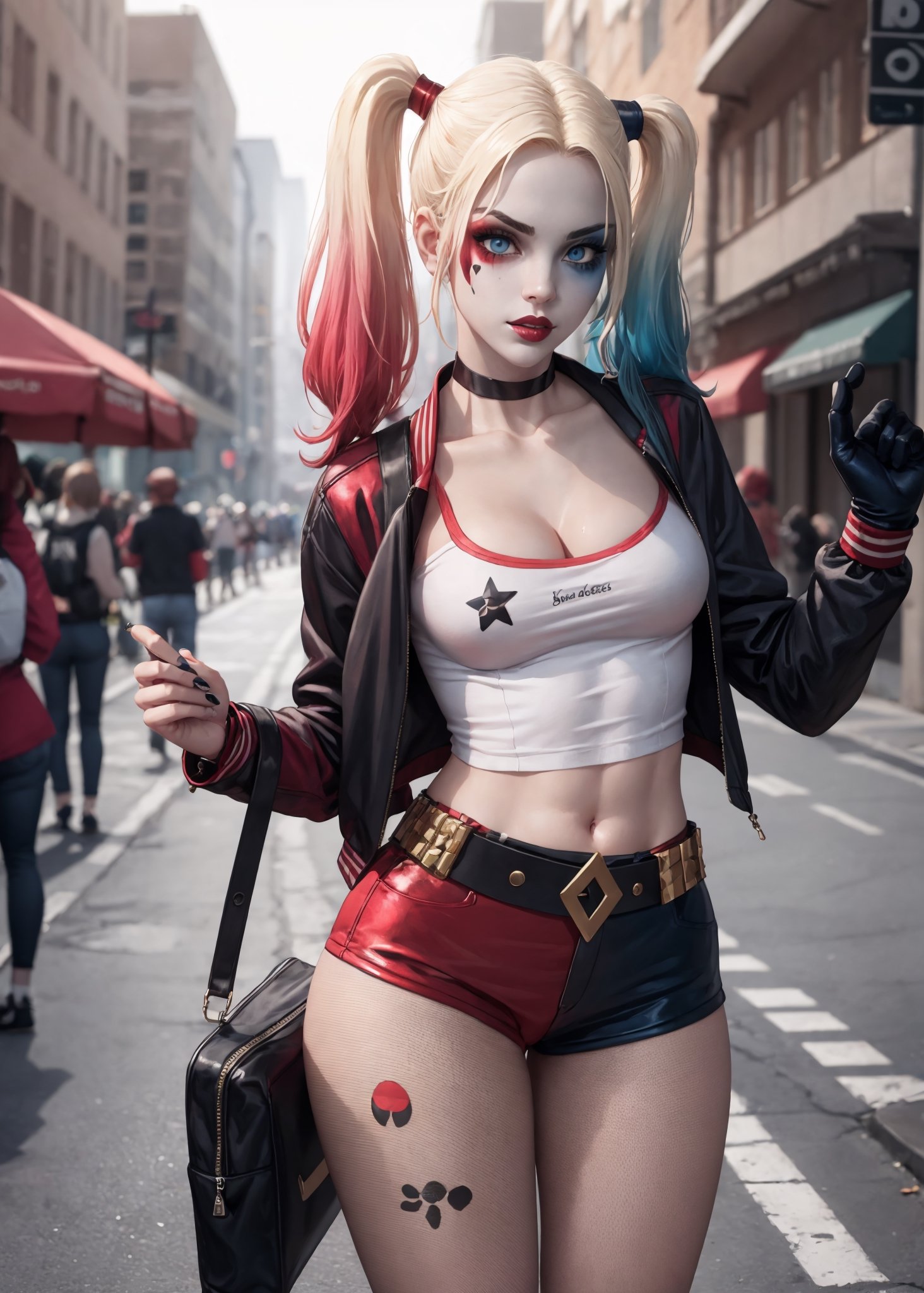 masterpiece, best quality, 1girl, solo, highres,   lora:pikkyharleyquinn-10:0.8,  scenery,
pikkyharleyquinn, two-tone hair,multicolored hair,blonde hair,breasts,makeup,twintails,blue eyes,lipstick,gloves,shorts,cleavage,navel,midriff,gradient hair,short shorts, pantyhose, choker,hair,eyeshadow,colored skin,pale skin,multicolored clothes,jacket,belt, crop top,open jacket,star (symbol),open clothes,lips,
,pikkyharleyquinn