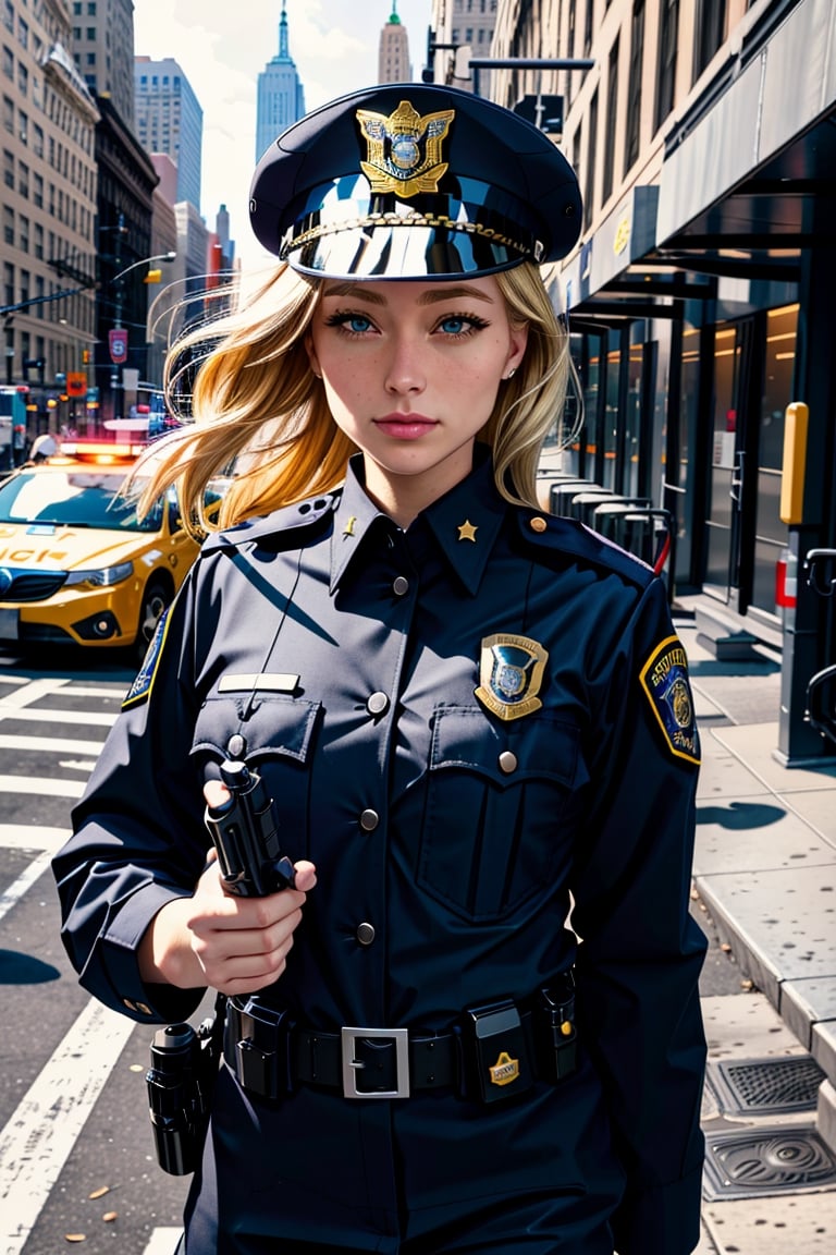 blond female police officer uniform in new york streets 
