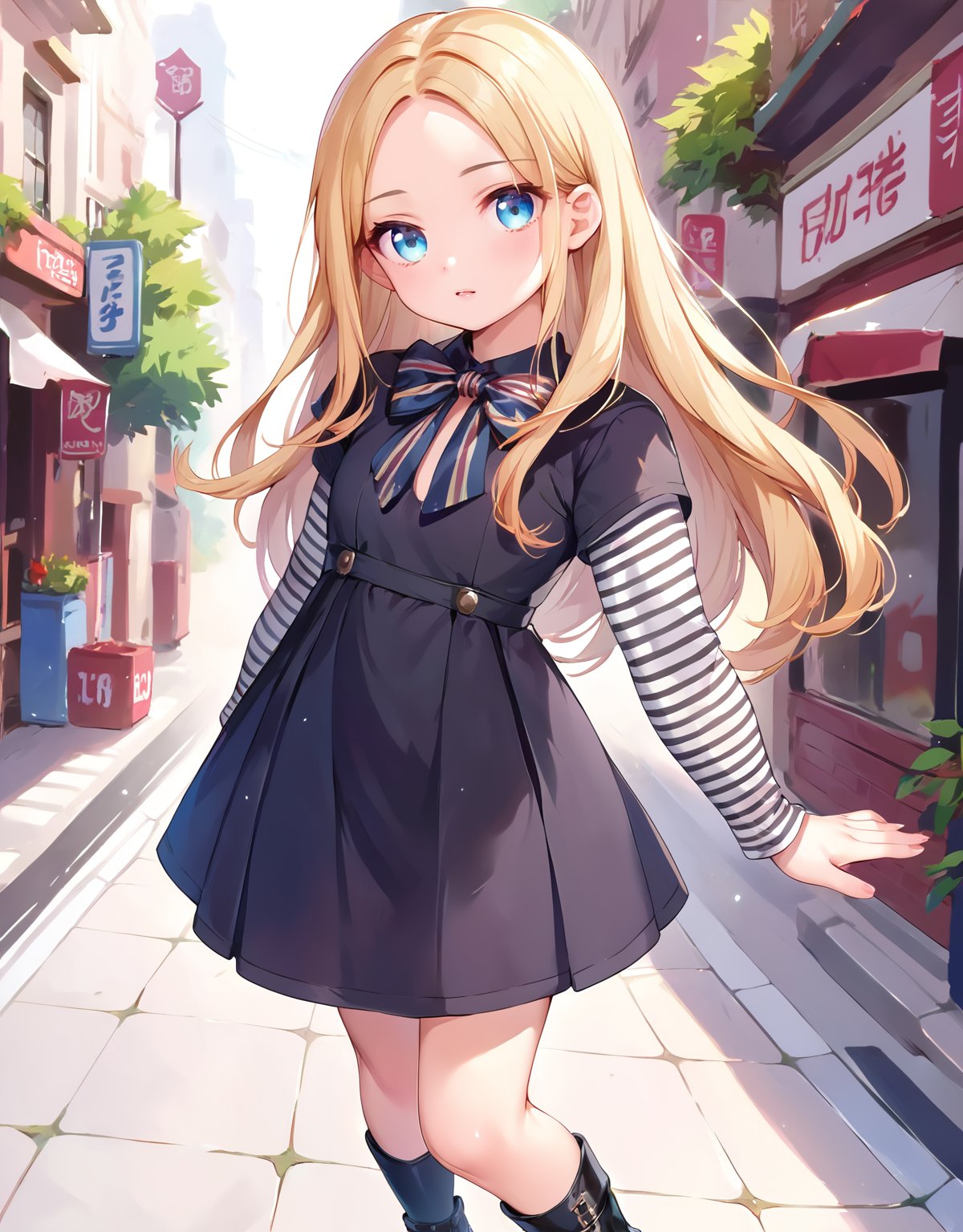 score_9, score_8_up, score_7_up,score_6_up, score_5_up, score_4_up,M3GAN, 1girl, long hair, blue eyes, blonde hair, parted bangs, split bangs, black pantyhose, black dress, long sleeves, striped sleeves, bow, black shoes, in the detailed burning city streets, 