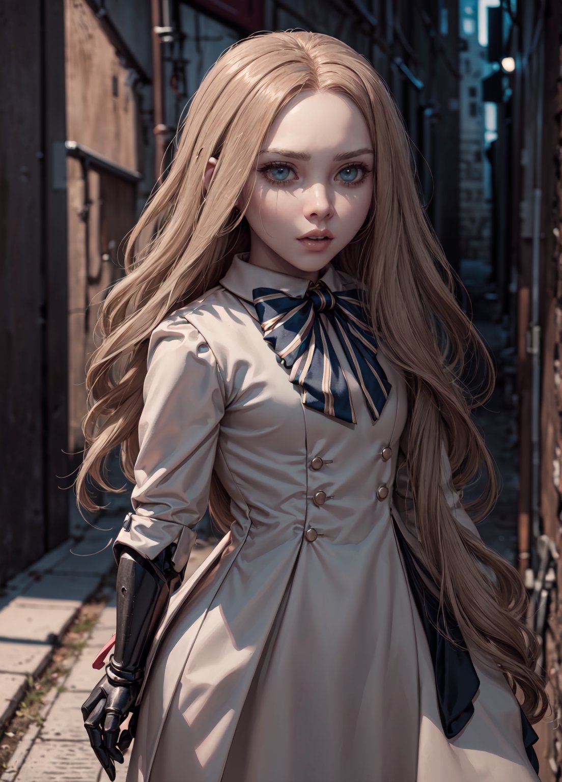 ,(looking at viewer),(cowboy shot dynamic pose:1.22),M3GEN/(Robot Girl/), 1girl, solo, long hair, blonde hair, realistic, blurry, blue eyes, bow, photo inset, full body, bowtie, parted lips, ribbon, lips,detailed shiny skin,perfect and very white teeth,finely detailed beautiful eyes,Ultra-fine facial detail,eyelashes,Glossy pink lips,(detailed The dark and terrifying alleys background:1.4),in the room, (day:1.33),depth of field,intricate,elegant,highly detailed,digital photography,masterpiece, black clothes