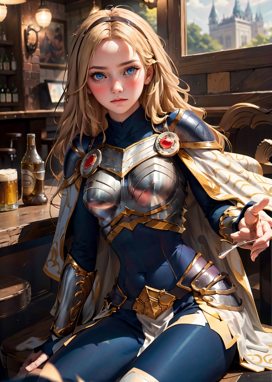(best quality, masterpiece, perfect face, beautiful and aesthetic:1.2, colorful, dynamic angle, highest detailed face) 1girl, solo, (blushed, blank expression:1.1), 1girl, solo, ZenaMarienteil, long hair, bangs, brown gloves, cape, armor, breastplate, blonde hair, (soft light, dramatic light, sharp, HDR), (a woman in sitting at a bar with a glass of beer in front of her), (resting her chin on her palm), 
,lux1