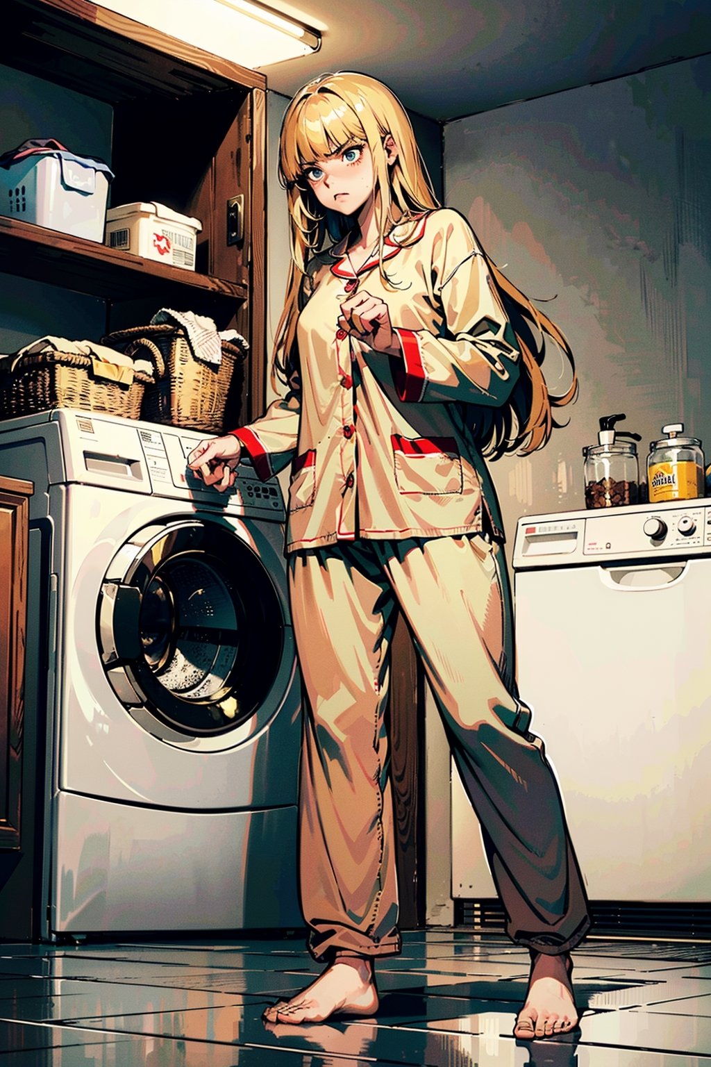 (best quality, masterpiece:1.1),   full body,     (1female), angry face, golden hair, very long hair, blunt bangs,        Cute Pajamas, ( laundry in the basement, indoors, table, folded clothes, washing machine, shelves),
