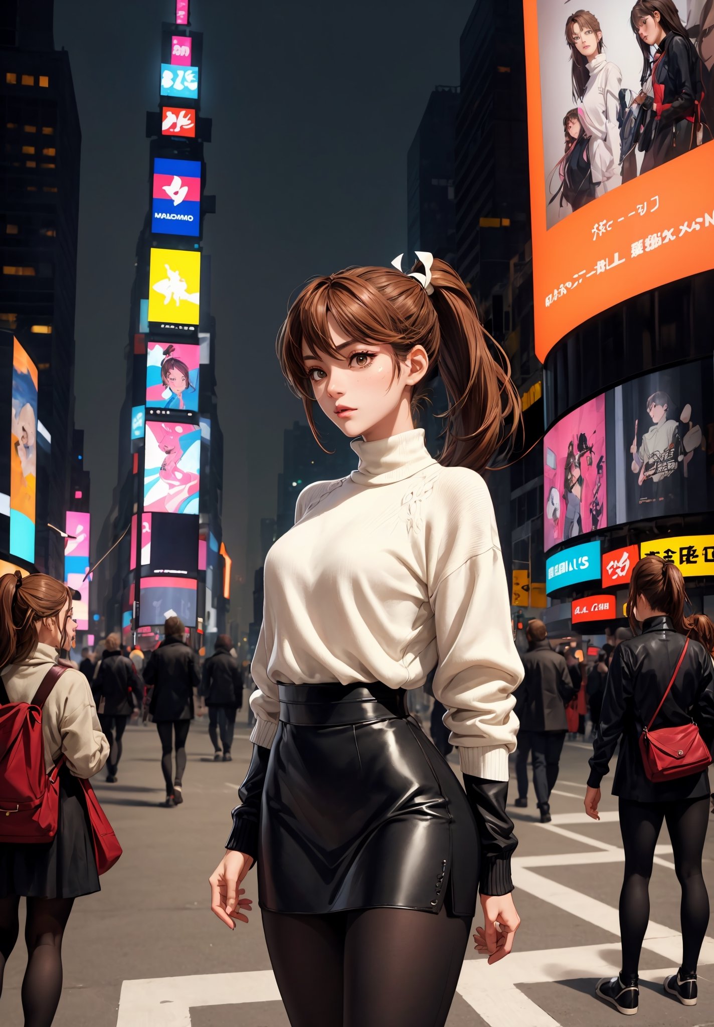 Masterpiece, best quality, fine detail, maishiranui, maishiranui_face, bangs, ponytail, oily skin, (detailed face and eyes):1.2, wearing edgADC, turtleneck, sweater dress, 38carbon leggings, boots, standing, candid pose, times square at night, lora:maiShiranui030417:0.6, lora:edgAutumnDressCode:0.4
,edgADC_fashion