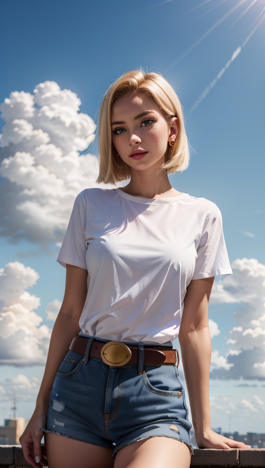 (masterpiece, best quality), android18, earrings, denim, belt, lora:android_18:1, outdoor, day, cloud, cloud day, sky, blue sky,