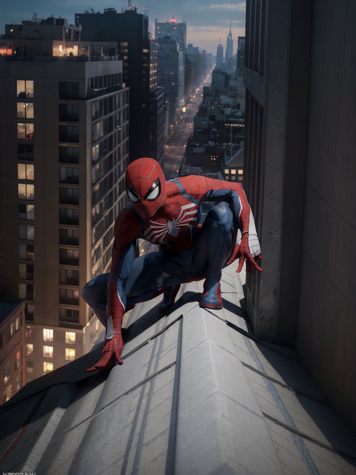 spideyadv2, 1 man crouching on rooftop, 5 fingers, best quality, masterpiece, 8k, uhd, night, new york, flexible man, spiderman pose, comic book style