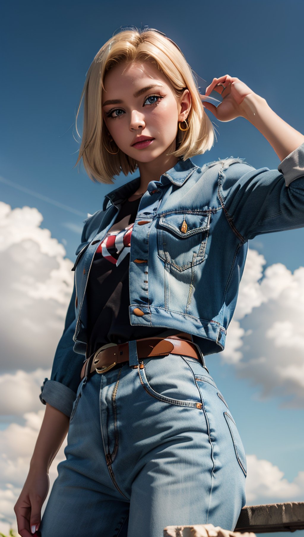 (masterpiece, best quality), android18, earrings, denim, belt, lora:android_18:1, outdoor, day, cloud, cloud day, sky, blue sky,