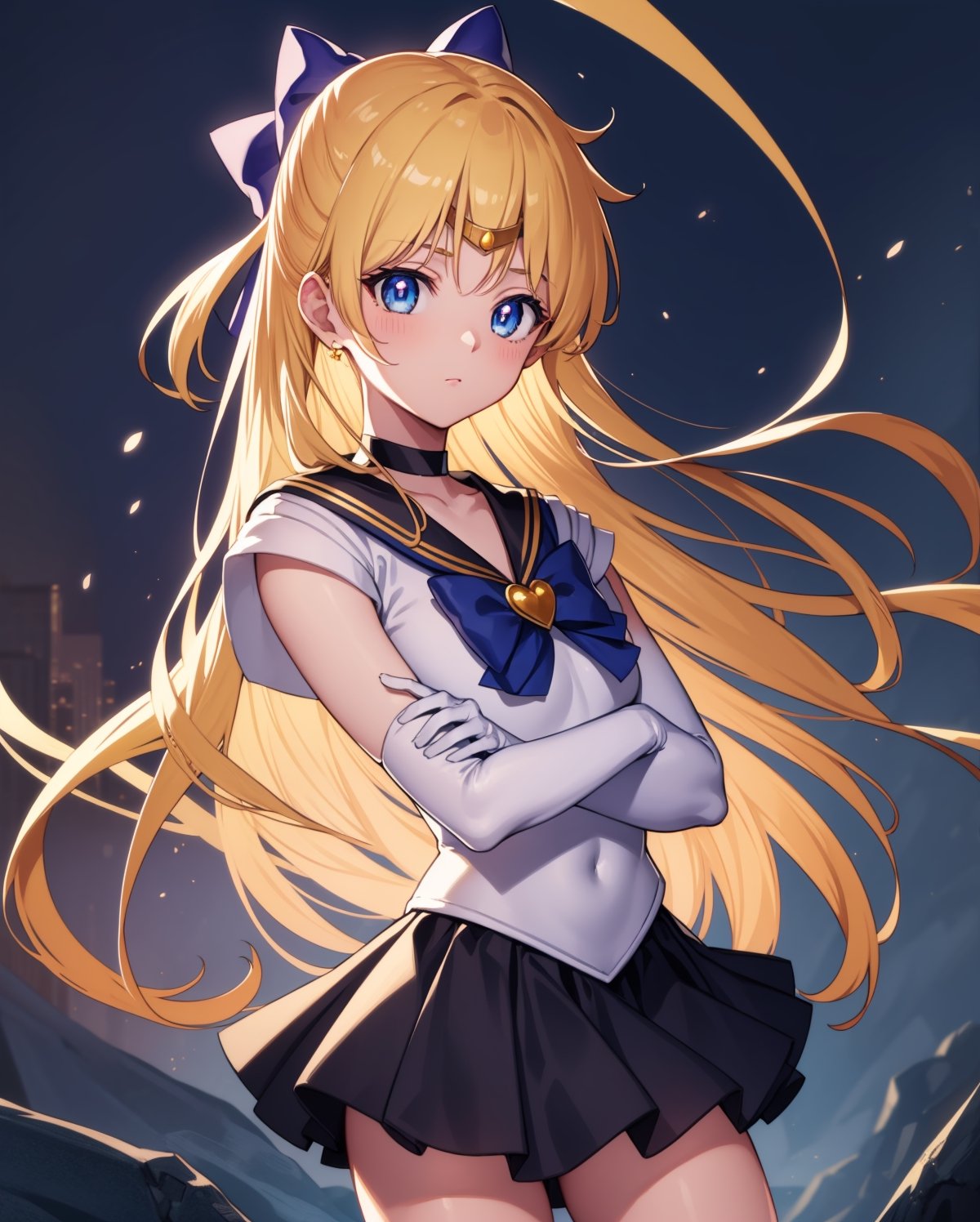 sailorvenus, sailor venus, blonde hair, blue eyes, bow, hair bow, half updo, long hair, black bow, tiara,
BREAK back bow, choker, elbow gloves, gloves, jewelry, magical girl, black choker, black sailor collar, black skirt, sailor collar, black sailor senshi uniform, black school uniform, serafuku, skirt, white gloves,
BREAK outdoors, night, sky, star \(sky\), moon,
BREAK looking at viewer, (cowboy shot:1.5),
(masterpiece:1.2), best quality, high resolution, unity 8k wallpaper, (illustration:0.8), (beautiful detailed eyes:1.6), extremely detailed face, perfect lighting, extremely detailed CG, (perfect hands, perfect anatomy),