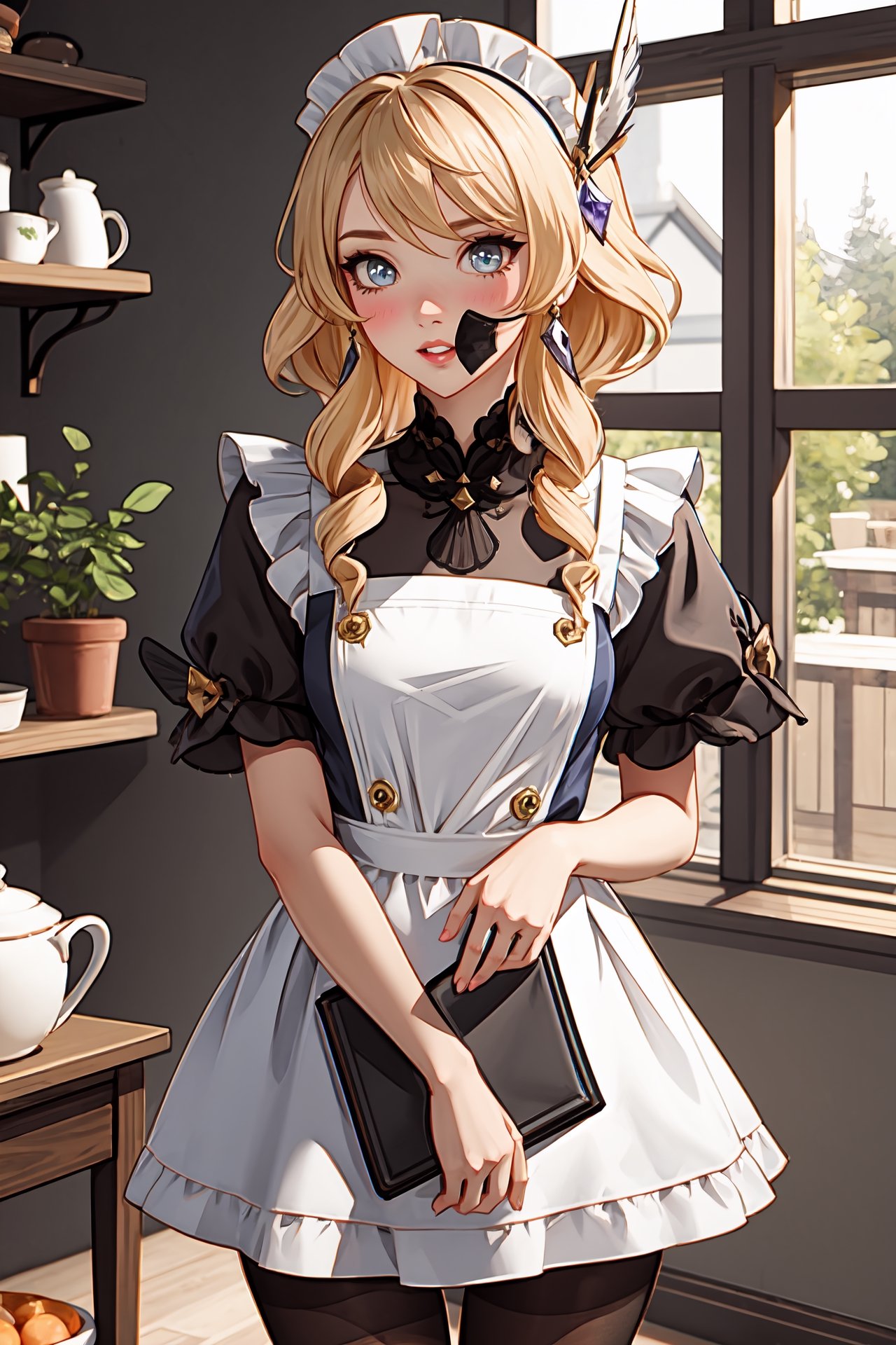 1girl, navia \(genshin impact\), solo, blonde hair, maid, maid headdress, maid apron, embarrassed, pantyhose, blush, parted lips, looking at viewer, cowboy shot, room, indoors, depth of field, masterpiece
,navia