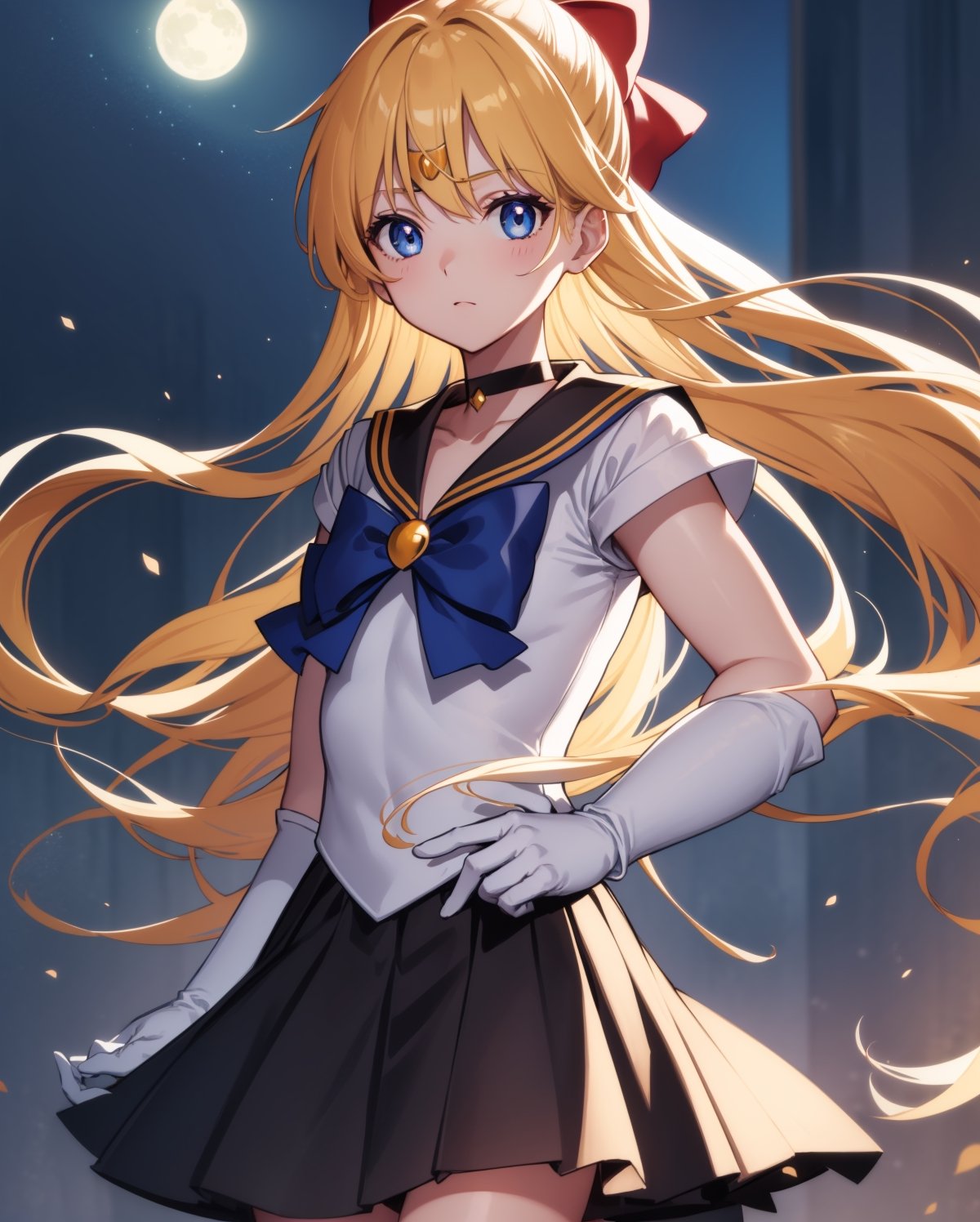 sailorvenus, sailor venus, blonde hair, blue eyes, bow, hair bow, half updo, long hair, black bow, tiara,
BREAK back bow, choker, elbow gloves, gloves, jewelry, magical girl, black choker, black sailor collar, black skirt, sailor collar, black sailor senshi uniform, black school uniform, serafuku, skirt, white gloves,
BREAK outdoors, night, sky, star \(sky\), moon,
BREAK looking at viewer, (cowboy shot:1.5),
(masterpiece:1.2), best quality, high resolution, unity 8k wallpaper, (illustration:0.8), (beautiful detailed eyes:1.6), extremely detailed face, perfect lighting, extremely detailed CG, (perfect hands, perfect anatomy),