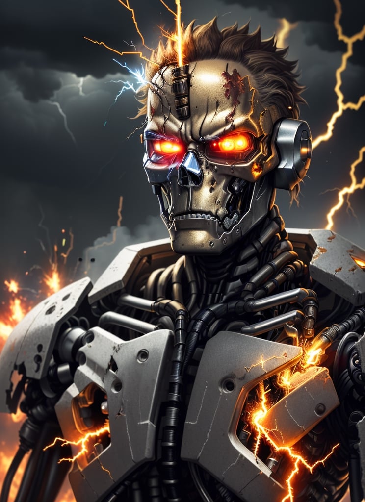 close up, realistic golden (metallic endoskeleton\(terminator\):1.2), (intricate:1.1) futuristic cyborg,silver metallic,( rusted , damaged, cracked parts:1.3), (electric spark, layered complicated android:1.4),(complicated wires on head:1.4), angry, glowing red eyes,look at viewer, realitstic detail, burning, explosion, smoke, clouds, much lightning, realistic metal texture,  cinematic lighting, best quality
