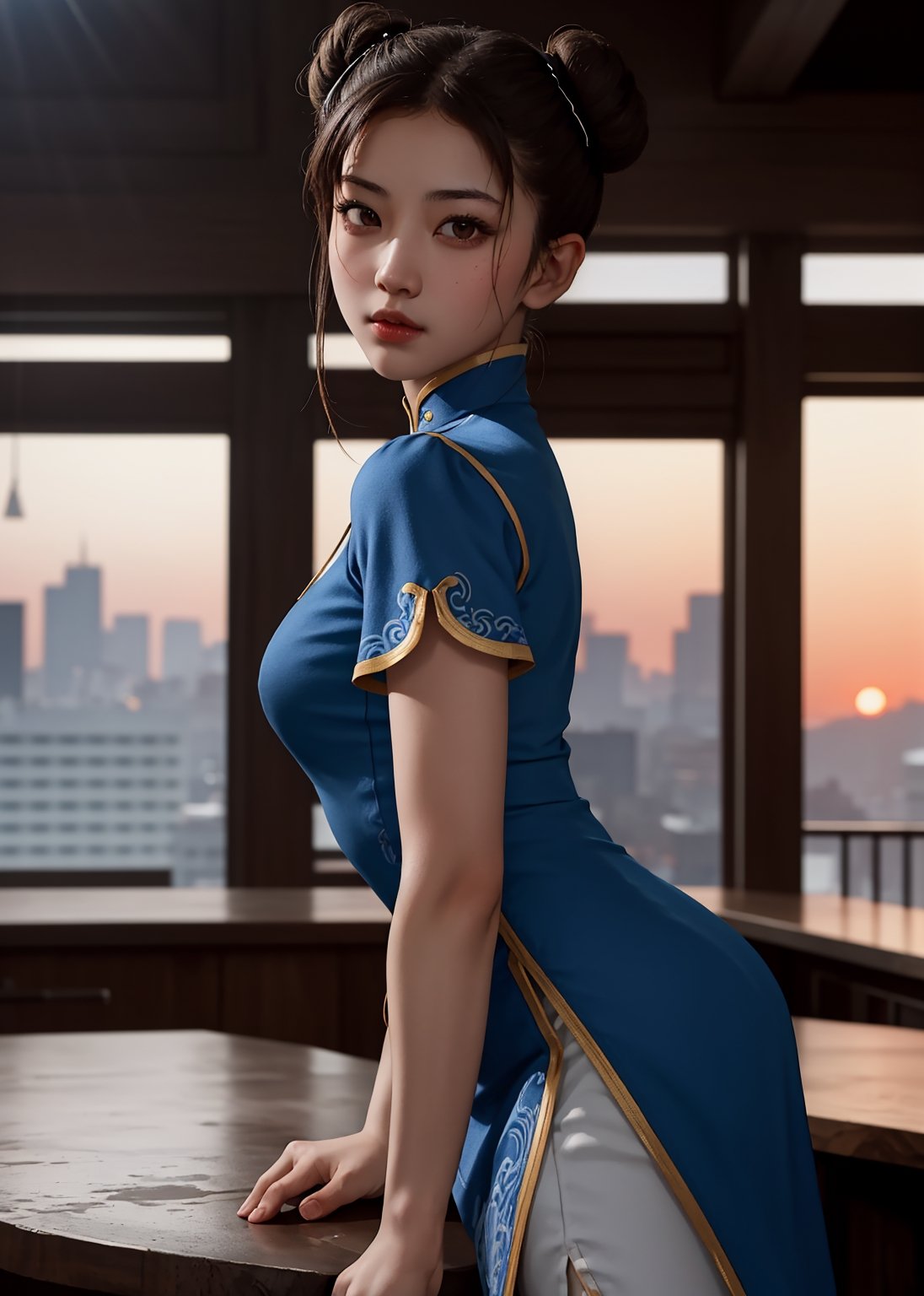 frontal view, facing the viewer, (looking at viewer:1.2), centered, upper body, photography of a 20yo woman, masterpiece, | (beautiful detailed eyes:1.2), (double bun hairstyle), dark brown hair color, (dark brown eyes), (short tight dress), | sunset, bokeh, depth of field, | bar, indoors, tavern, | SF6 CHUN,chunlims