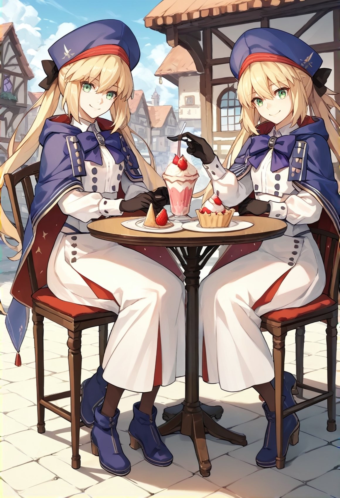 2girls, blonde hair, long hair, green eyes, twintails, white shirt, blue beret, white skirt, blue cape, blue ribbon, black gloves, pantyhose, blue boots, smile, bragging, parfait, chair, table, full body, twins, sitting, town lora:Castoria:1, score_9, score_8_up, score_7_up, score_6_up, score_5_up, score_4_up, BREAK source_anime, masterpiece
