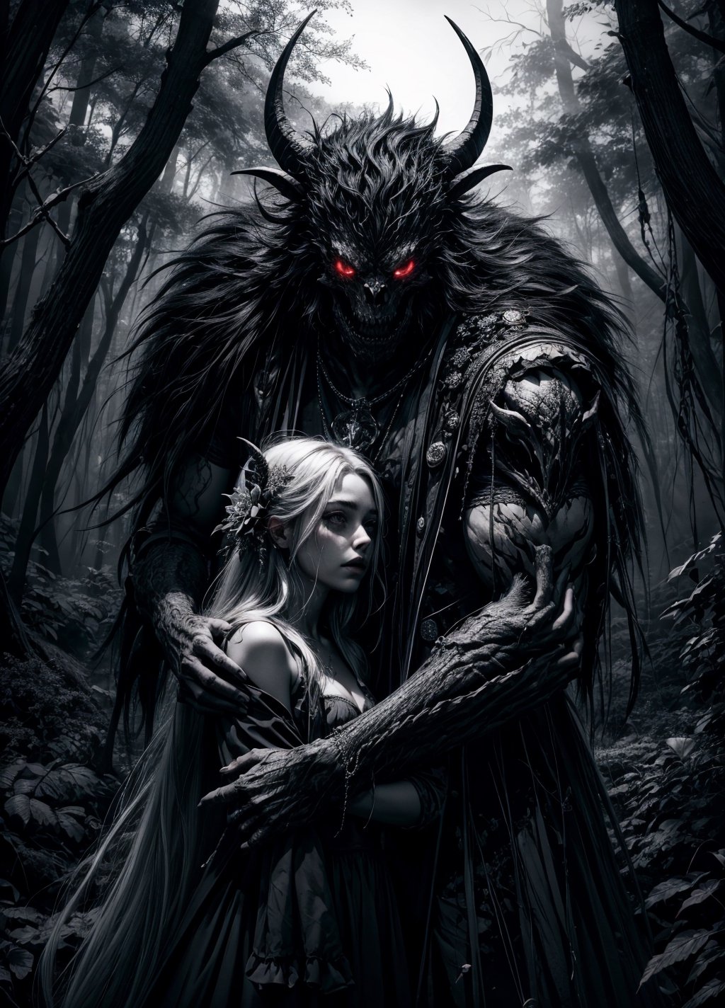 official art, unity 8k wallpaper, ultra detailed, beautiful and aesthetic, High quality, beautiful, masterpiece, best quality, (zentangle, mandala, tangle, entangle:0.6), black and white photo of a man and a girl in a dark forest, (a male monster next to a girl), gloomy, dark, limited palette, long straight black hair, lycoris flower, goat skull, (red, black), (horror), (gloomy), blood, occult, demonic
