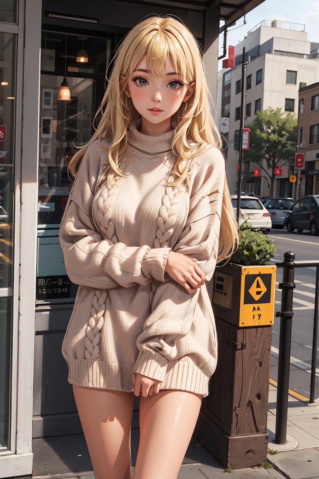 masterpiece, best quality,1girl,  ,long hair,  blonde hair,oversized sweater,