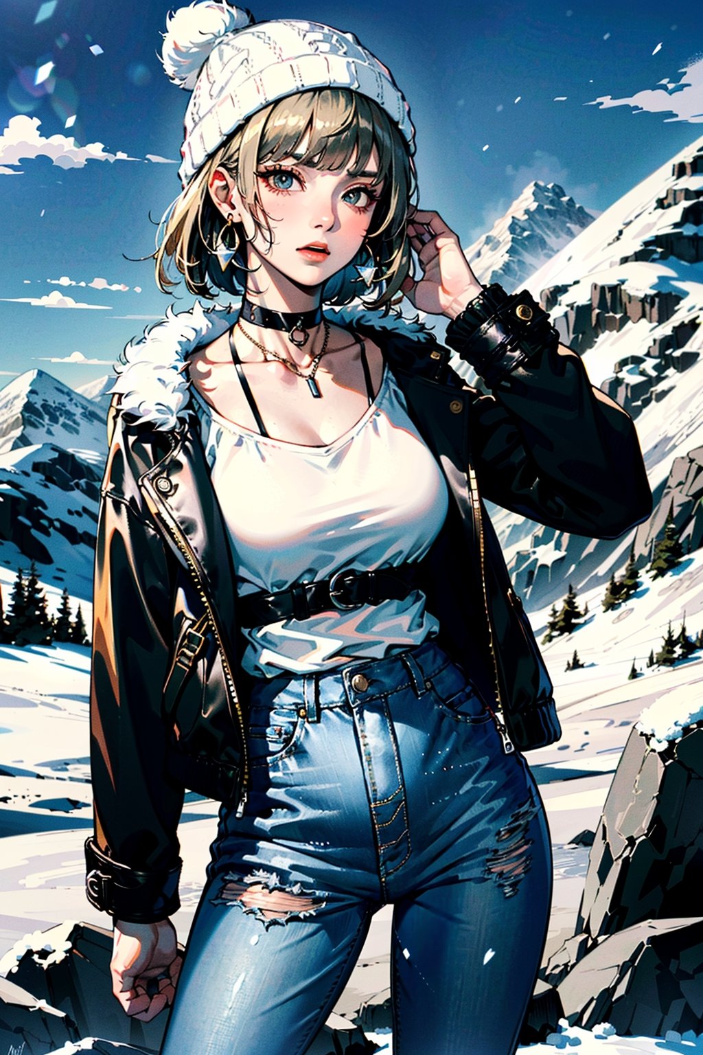 (best quality, masterpiece:1.1),   cowboy shot,     (1female), confused face, golden hair, absurdly short hair, blunt bangs,        bar earrings, black faux fur jacket, distressed boyfriend jeans, white ankle boots, black beanie hat, silver choker necklace, ( snowy mountaintop, winter clothes, standing on a rock),
