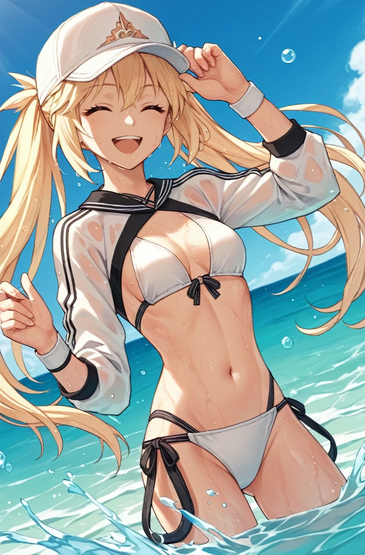 1girl, blonde hair, long hair, green eyes, twintails, swimsuit, white bikini, baseball cap, cropped jacket, shrug \(clothing\), long sleeves, wristband, smile, submerged, dutch angle, cowboy shot, beach, sea, splashing, closed eyes, smile, open mouth, sweat, wet, looking at viewer,  lora:Castoria:0.8, score_9, score_8_up, score_7_up, score_6_up, score_5_up, score_4_up, BREAK source_anime, masterpiece
