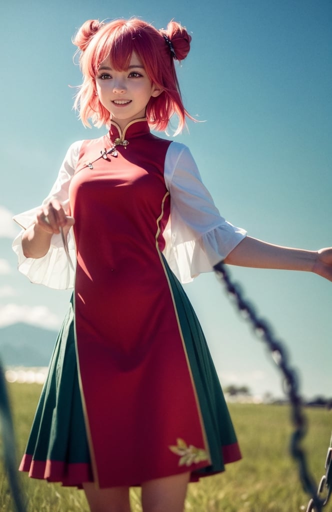 masterpiece, best quality, lora:ibarakikasen:1,ibaraki kasen, 1girl, solo, double bun,  pink hair,short hair,pink eyes, flower tabard,bandages arm,ribbon, green skirt,  short sleeves, puffy sleeves, chinese clothes, shackles, chain, shirt,smile,cowboy shot, ,kasenarm