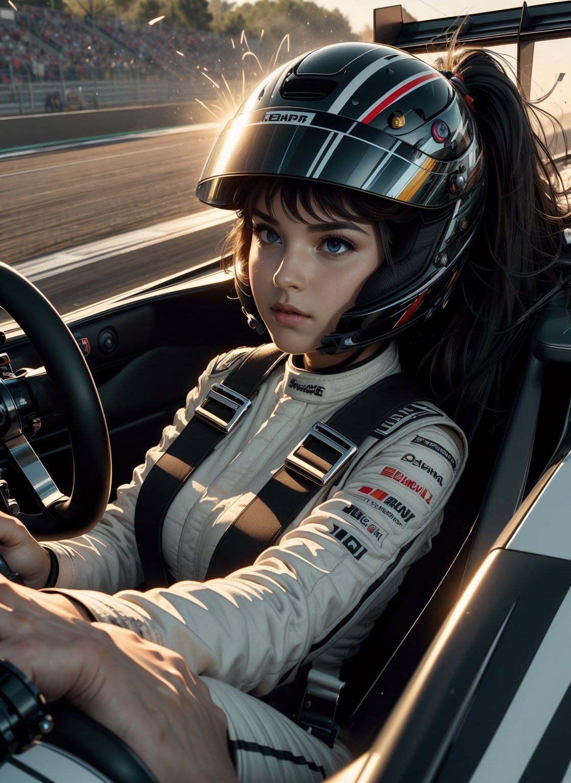 (((masterpiece))), (((best quality))), (((driving a formula racing))), ((fingers on steering wheel)), sitting on driver's seat, sharp eyes, ((helmet)), ((black uniform)), (((speed lines))), ((electricity)), ((spiral wind)), solo, 1girl, big tits, ponytail, sweat, slim figure, lora:girllikeformularacing:1
