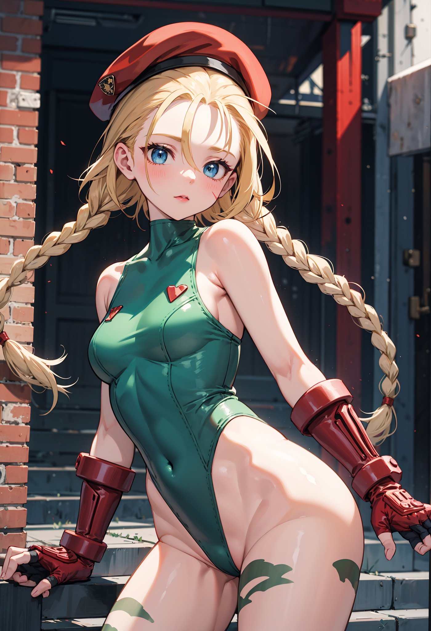 masterpiece, best quality, highres, 1girl, cammy white, twin braids, long hair, blonde hair, antenna hair, beret, (red headwear:1.3), blue eyes, scar on cheek, green leotard, medium breasts, sleeveless, red gloves, fingerless gloves, camouflage, lora:cammy_white_v1:0.7,  cowboy shot, standing, outdoors, arms at sides, straight-on,
